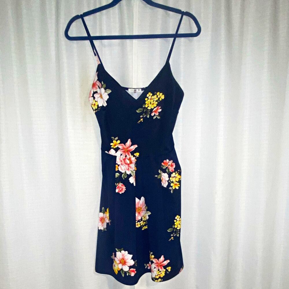 Soprano Women's Navy Floral Slip Dress V-Neck Sleeveless Short Medium
